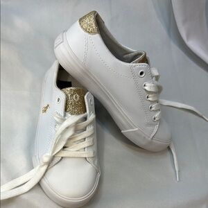 Polo Ralph Lauren, Girls size 12 Trainers Sneakers, Glittery Gold & White, New